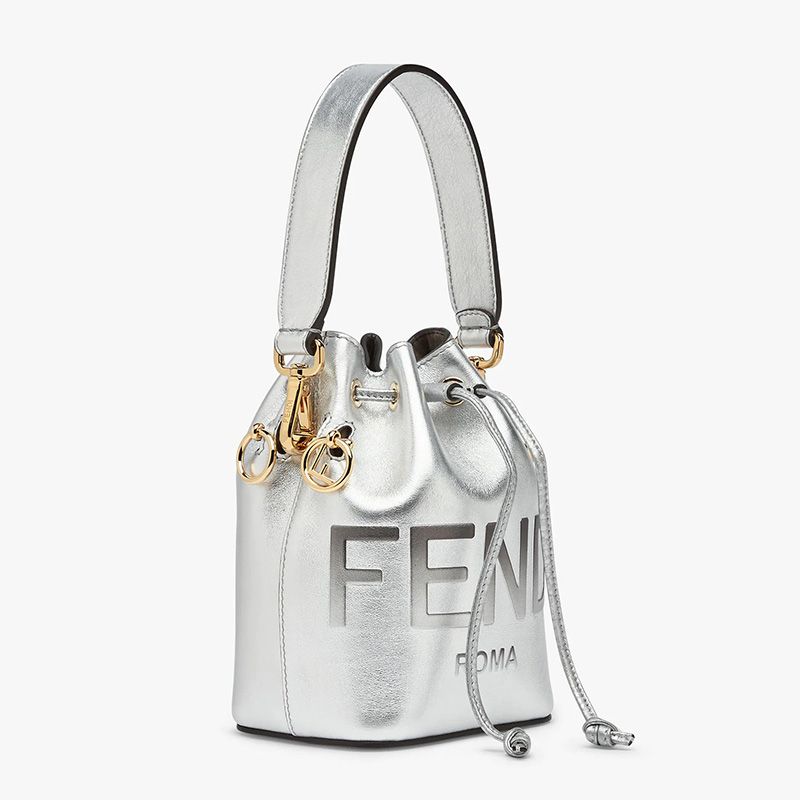 Affordable Fendi Mini Mon Tresor Bucket Bag In ROMA Logo Calf Leather Silver