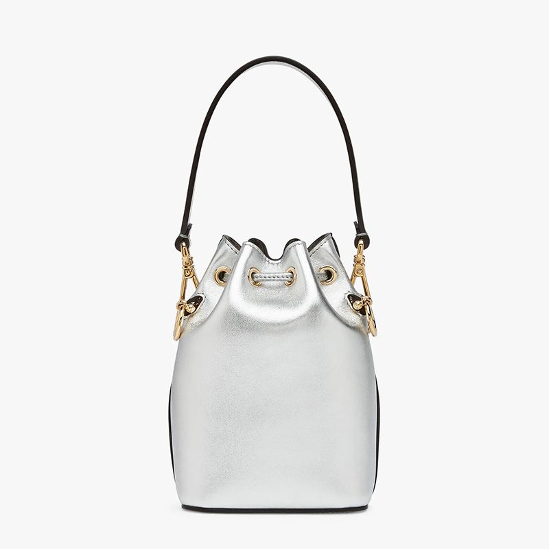 Affordable Fendi Mini Mon Tresor Bucket Bag In ROMA Logo Calf Leather Silver