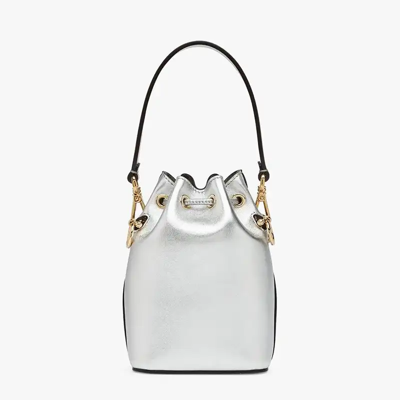 Cheap Fendi Mini Mon Tresor Bucket Bag In ROMA Logo Calf Leather Silver