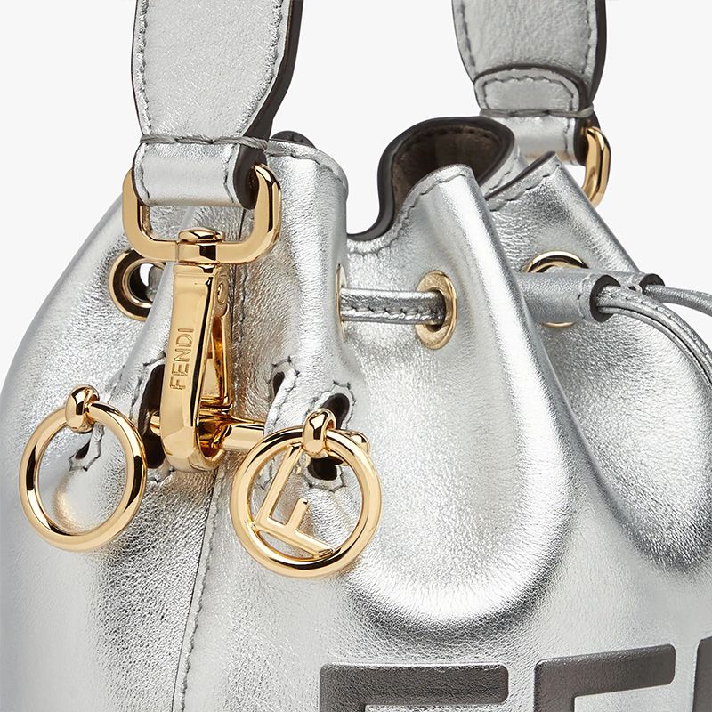 Affordable Fendi Mini Mon Tresor Bucket Bag In ROMA Logo Calf Leather Silver