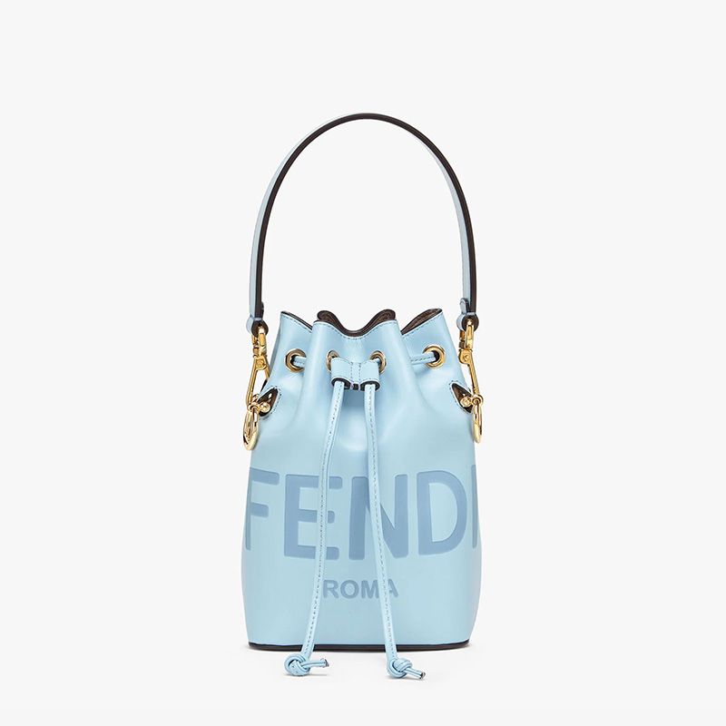 Affordable Fendi Mini Mon Tresor Bucket Bag In ROMA Logo Calf Leather Sky Blue