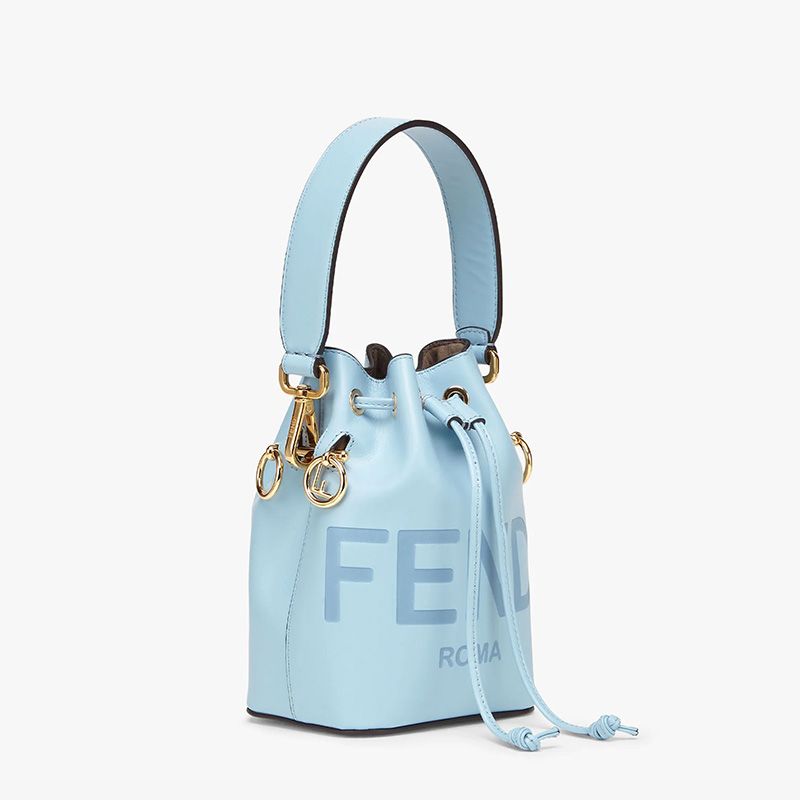 Affordable Fendi Mini Mon Tresor Bucket Bag In ROMA Logo Calf Leather Sky Blue