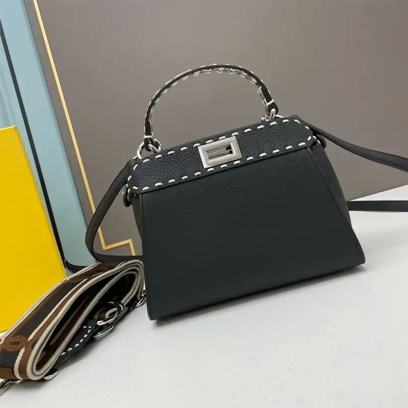 HOT Fendi Mini Peekaboo Iconic Bag In Stitching Calf Leather Black