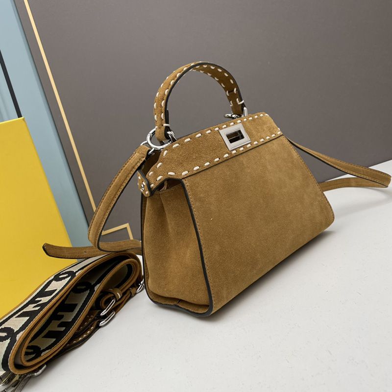 Affordable Fendi Mini Peekaboo Iconic Bag In Stitching Suede Brown