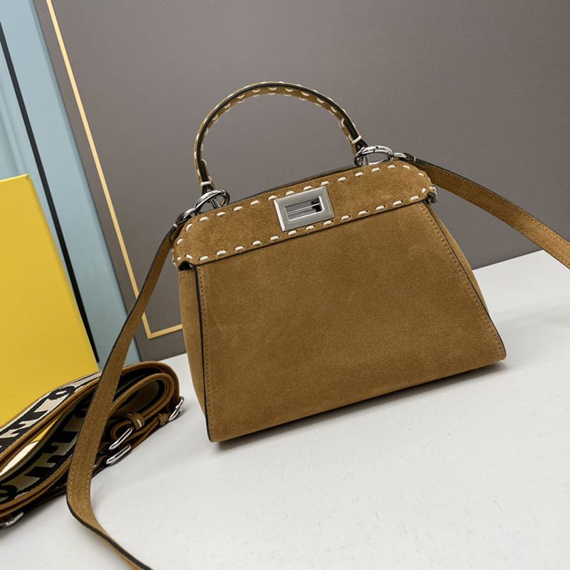 Affordable Fendi Mini Peekaboo Iconic Bag In Stitching Suede Brown