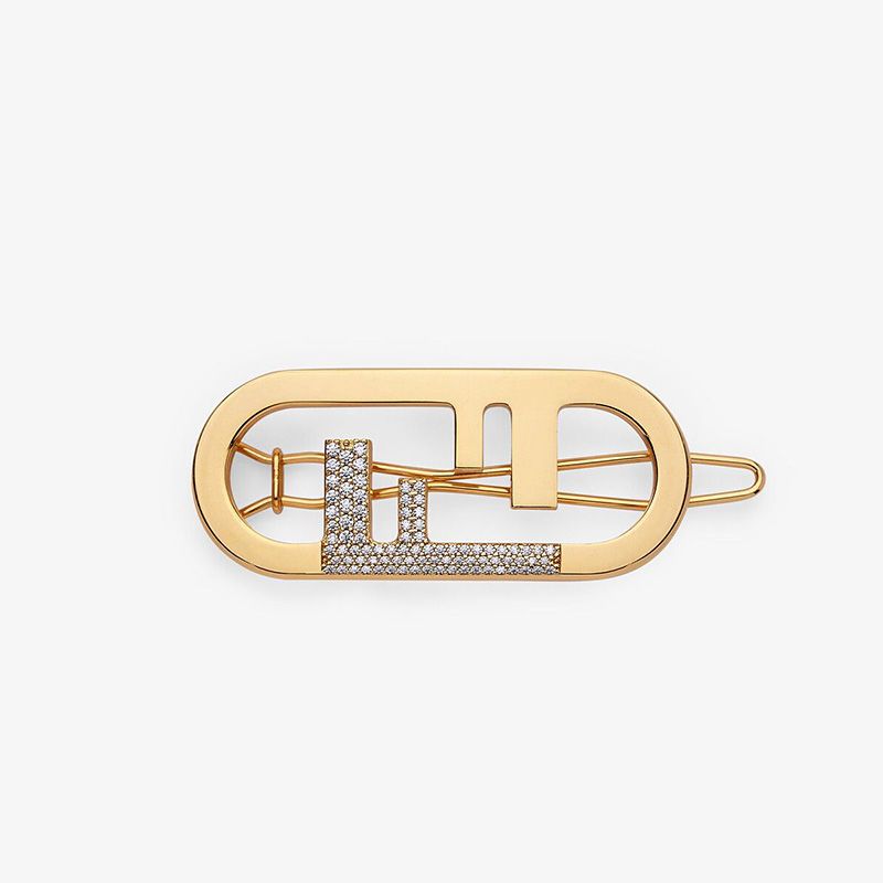 Affordable Fendi O'Lock Hair Clip In Crystal Metal Gold