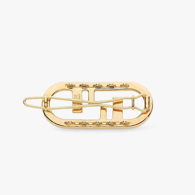 Affordable Fendi O'Lock Hair Clip In Crystal Metal Gold