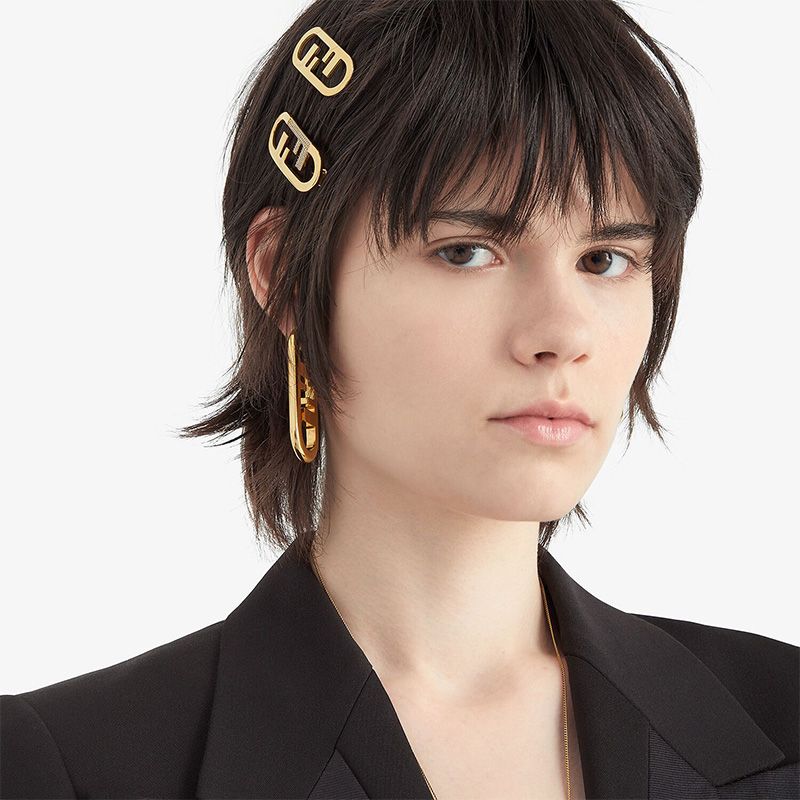 Affordable Fendi O'Lock Hair Clip In Crystal Metal Gold