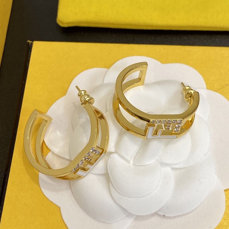 Affordable Fendi O'Lock Hoop Earrings In Metal with Crystals and Enamel Gold White