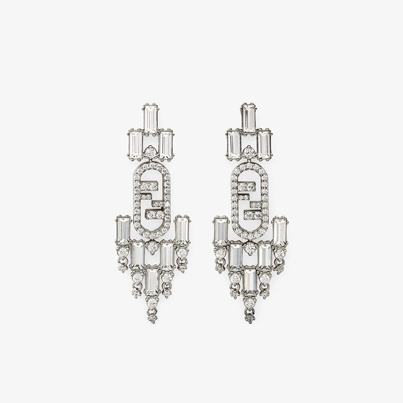 Affordable Fendi O'Lock Pendant Earrings In Metal with Geometric Crystals Palladium