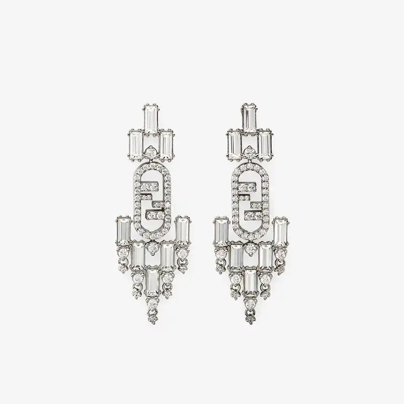 Fendi O'Lock Pendant Earrings In Metal with Geometric Crystals Palladium