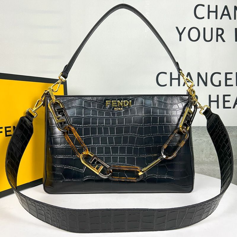 Affordable Fendi O'Lock Zip Shoulder Bag In Crocodile Leather Black