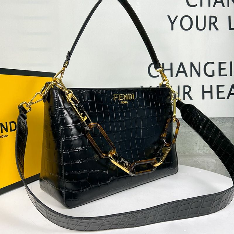 Affordable Fendi O'Lock Zip Shoulder Bag In Crocodile Leather Black