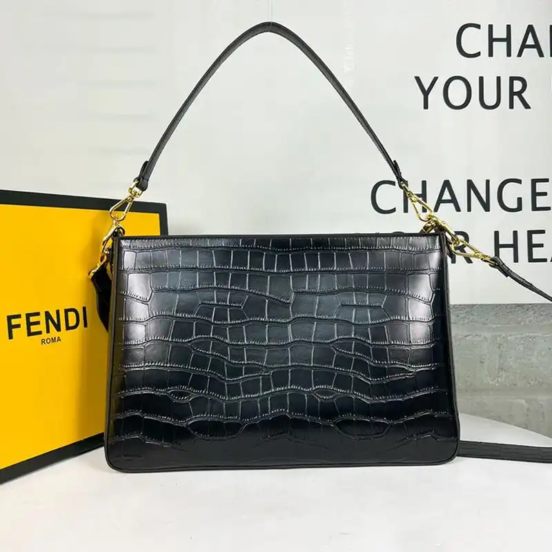 Affordable Affordable Fendi O'Lock Zip Shoulder Bag In Crocodile Leather Black