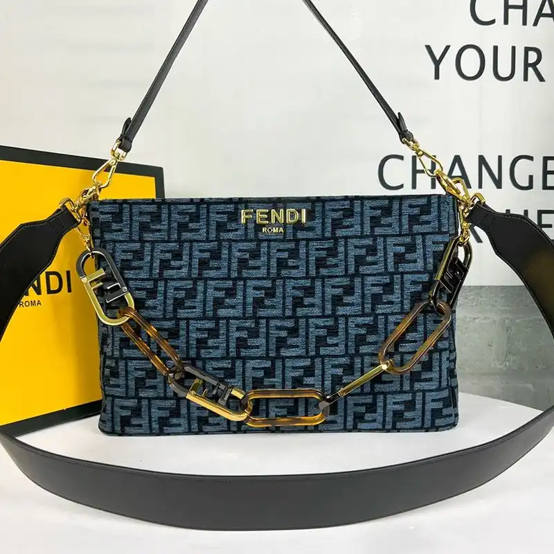 Affordable Fendi O'Lock Zip Shoulder Bag In FF Tapestry Fabric Blue