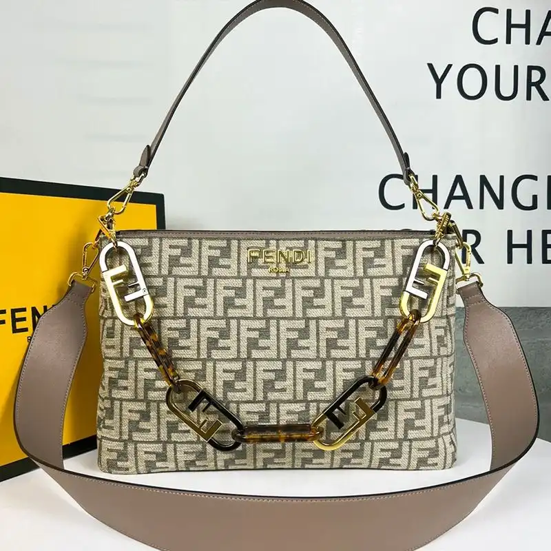 Affordable Fendi O'Lock Zip Shoulder Bag In FF Tapestry Fabric Grey