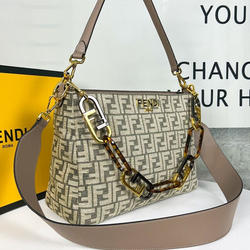 Affordable Fendi O'Lock Zip Shoulder Bag In FF Tapestry Fabric Grey