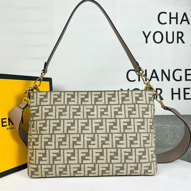 Affordable Fendi O'Lock Zip Shoulder Bag In FF Tapestry Fabric Grey