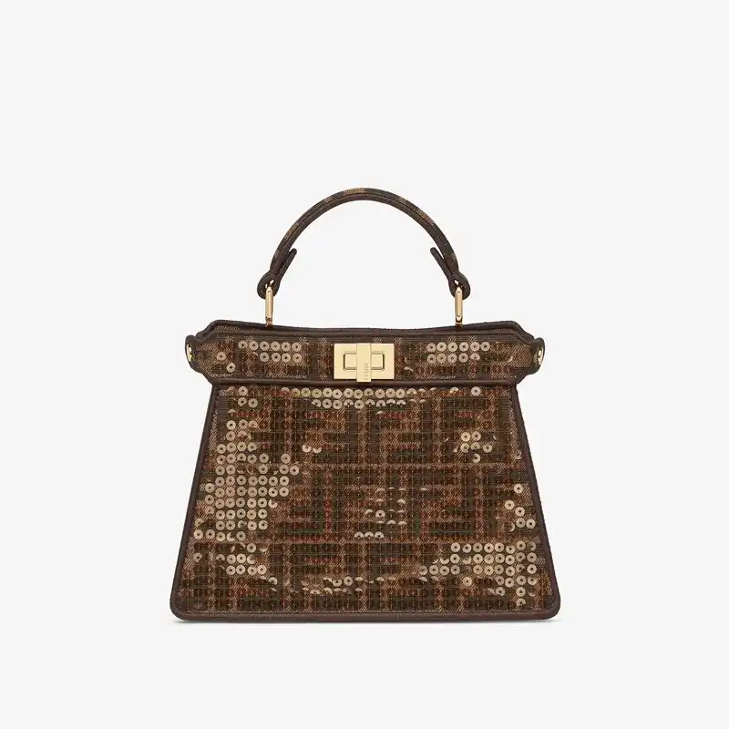 Affordable Fendi Petite Peekaboo ISeeU Bag In FF Motif Fabric with Sequins Brown