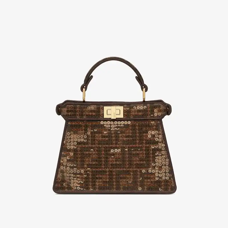 Affordable Fendi Petite Peekaboo ISeeU Bag In FF Motif Fabric with Sequins Brown