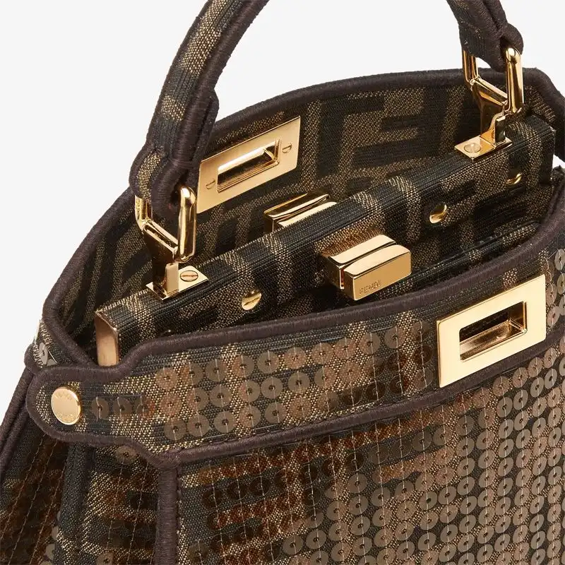 Affordable Fendi Petite Peekaboo ISeeU Bag In FF Motif Fabric with Sequins Brown