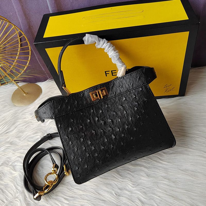 HOT Fendi Petite Peekaboo ISeeU Bag In Ostrich Leather Black