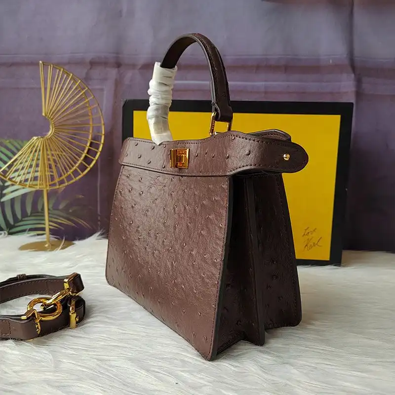 Affordable HOT Fendi Petite Peekaboo ISeeU Bag In Ostrich Leather Coffee