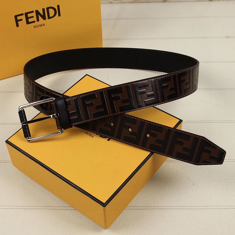 Affordable Fendi Pin Buckle Belt In FF Motif Nappa Leather Brown Silver