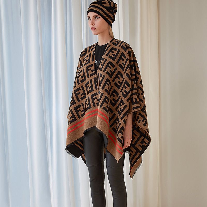 Affordable Fendi Poncho In FF Motif Wool and Silk Brown