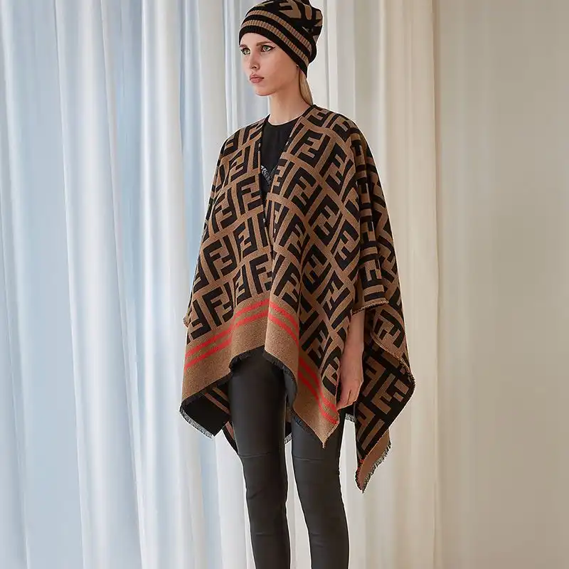 Cheap Fendi Poncho In FF Motif Wool and Silk Brown