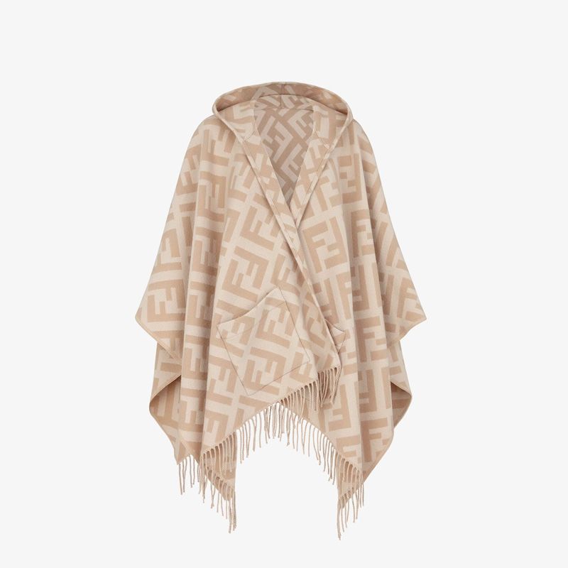 Affordable Fendi Poncho with Hood In FF Motif Cashmere Beige