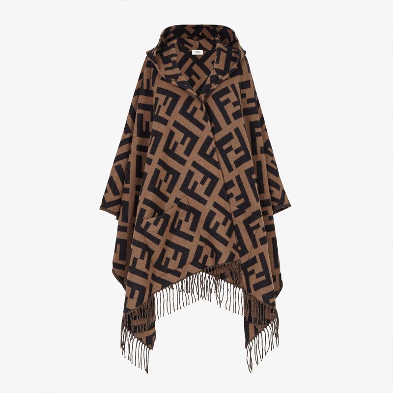 Affordable Fendi Poncho with Hood In FF Motif Cashmere Brown