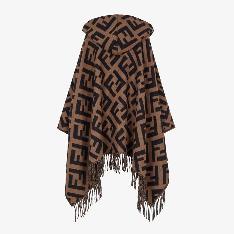 Affordable Fendi Poncho with Hood In FF Motif Cashmere Brown