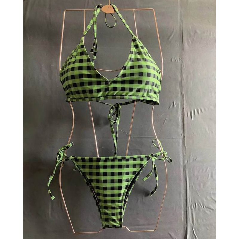 Affordable Fendi Reversible Halterneck Bikini Women Checkered FF Motif Lycra Green Brown