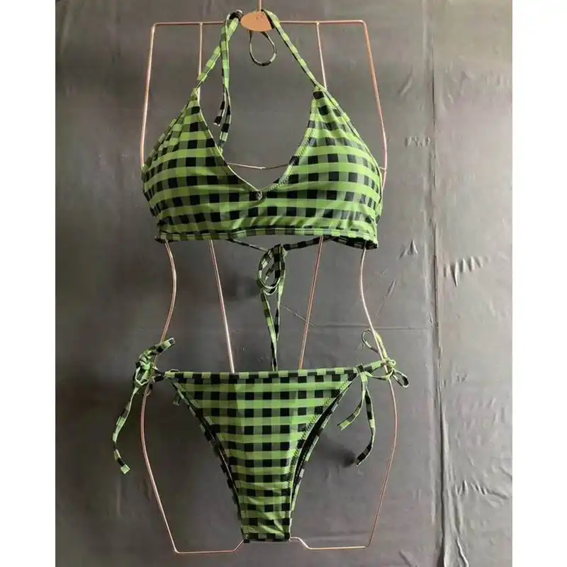 Fendi Reversible Halterneck Bikini Women Checkered FF Motif Lycra Green Brown