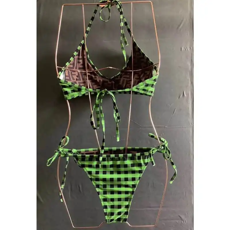 Affordable Fendi Reversible Halterneck Bikini Women Checkered FF Motif Lycra Green Brown