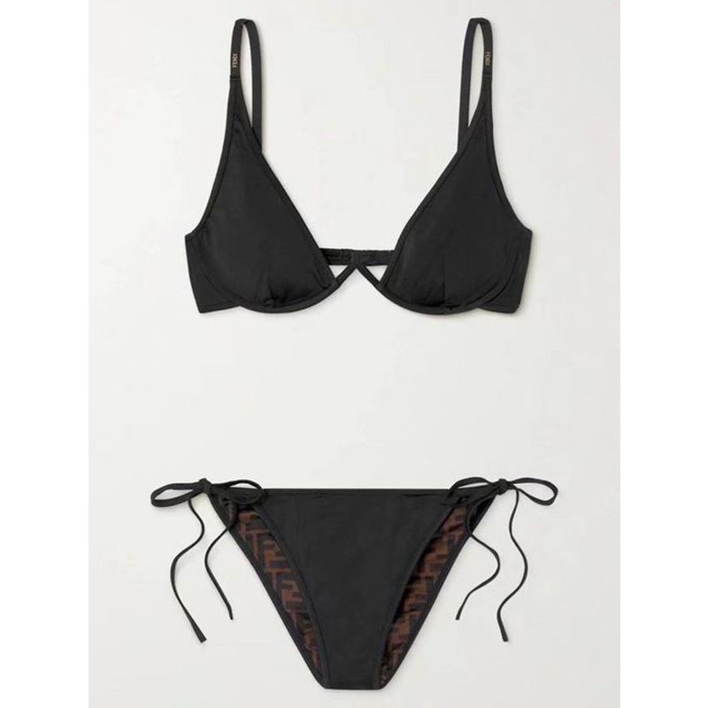 Affordable Fendi Reversible Bikini Set Women FF Motif Lycra Brown Black