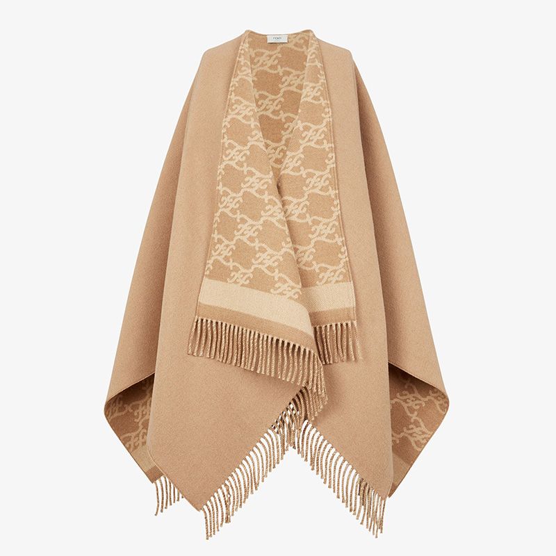 Affordable Fendi Reversible Poncho In Karl Motif Wool and Cashmere Beige