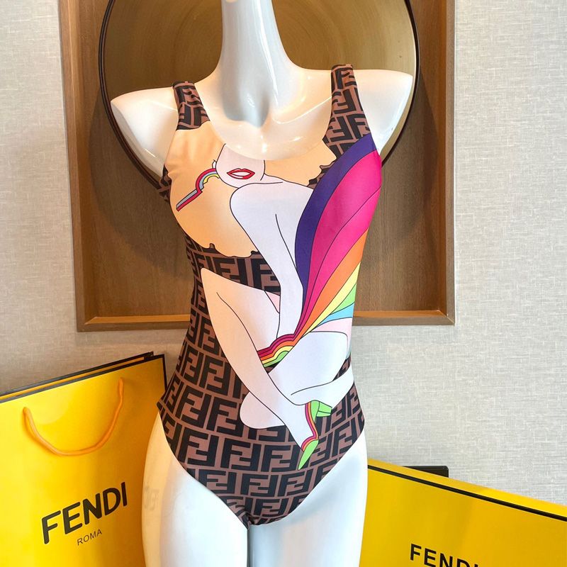 Affordable Fendi Reversible Swimsuit Women Rainbow Girl FF Motif Lycra Brown Sky Blue