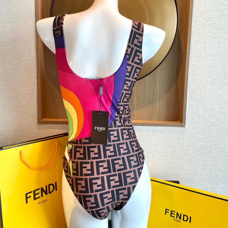 Affordable Fendi Reversible Swimsuit Women Rainbow Girl FF Motif Lycra Brown Sky Blue