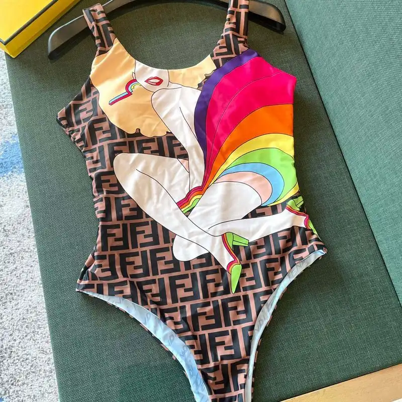 Affordable Fendi Reversible Swimsuit Women Rainbow Girl FF Motif Lycra Brown Sky Blue