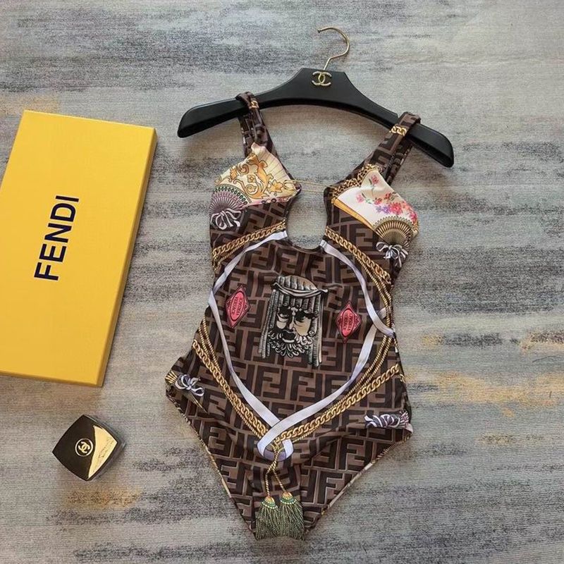 Affordable Fendi Reversible Swimsuit with Safety Pin Brooch Women Fendace FF Motif Lycra Brown