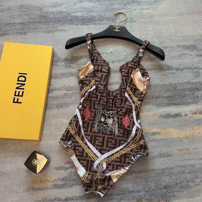 Affordable Fendi Reversible Swimsuit with Safety Pin Brooch Women Fendace FF Motif Lycra Brown