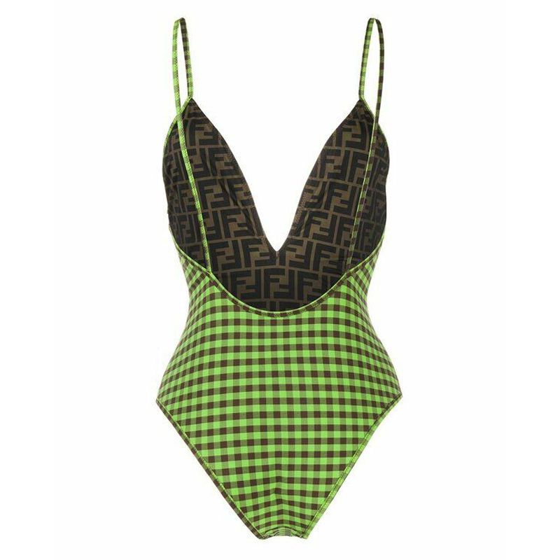 Affordable Fendi Reversible Swimsuit with Straps Women Checkered FF Motif Lycra Green Brown