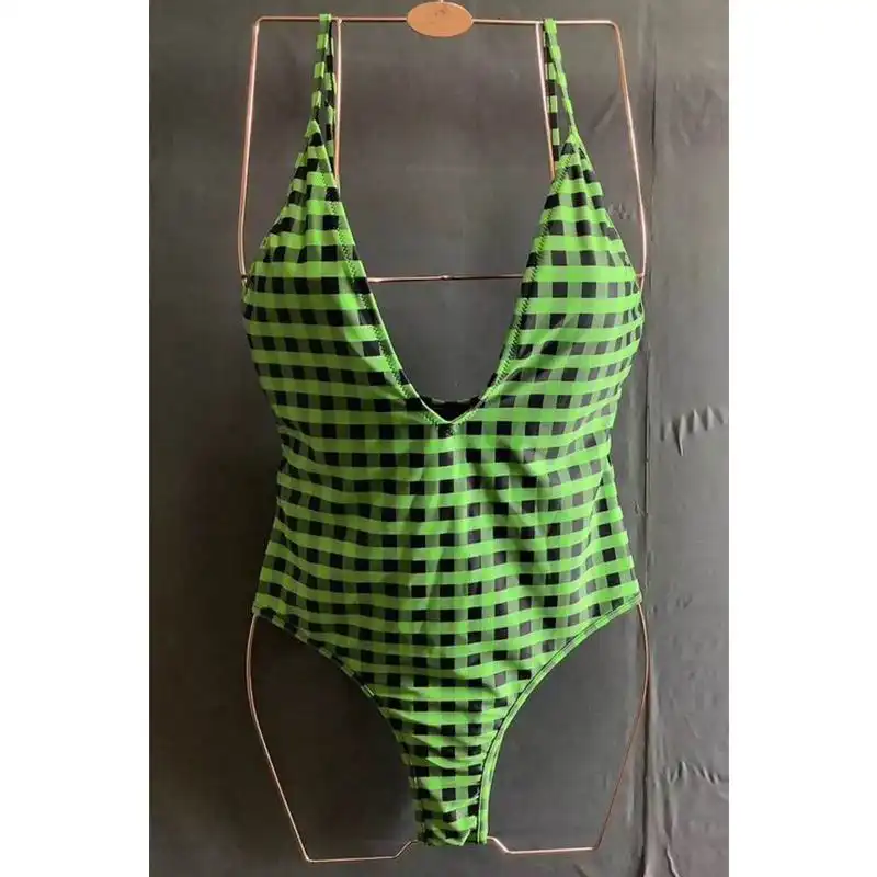 Affordable Fendi Reversible Swimsuit with Straps Women Checkered FF Motif Lycra Green Brown