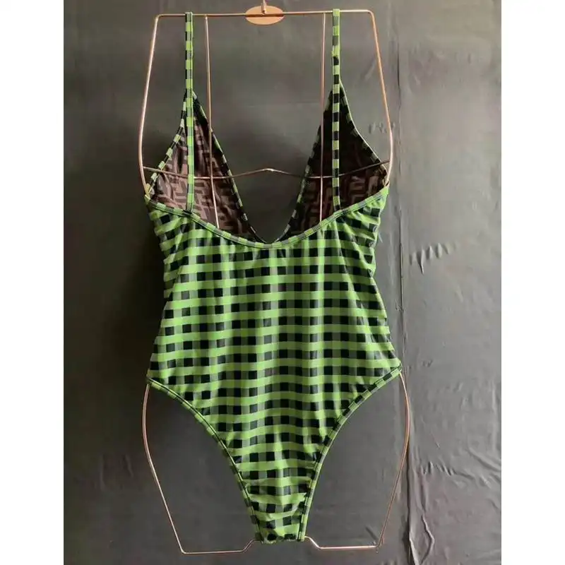 Affordable Fendi Reversible Swimsuit with Straps Women Checkered FF Motif Lycra Green Brown