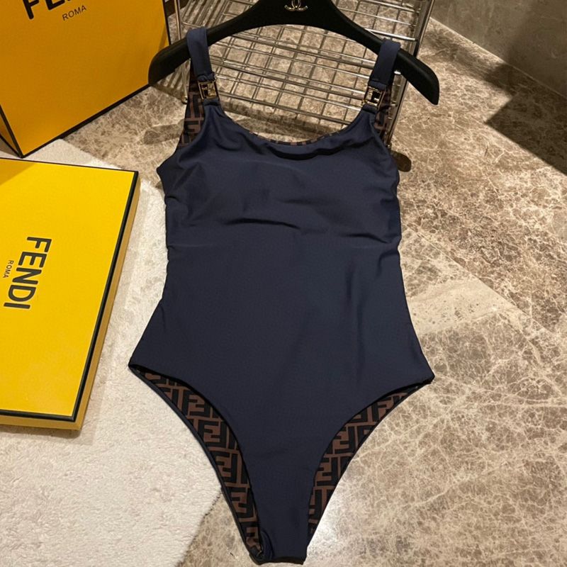 Affordable Fendi Reversible Swimsuit Women FF Motif Lycra Navy Blue Brown