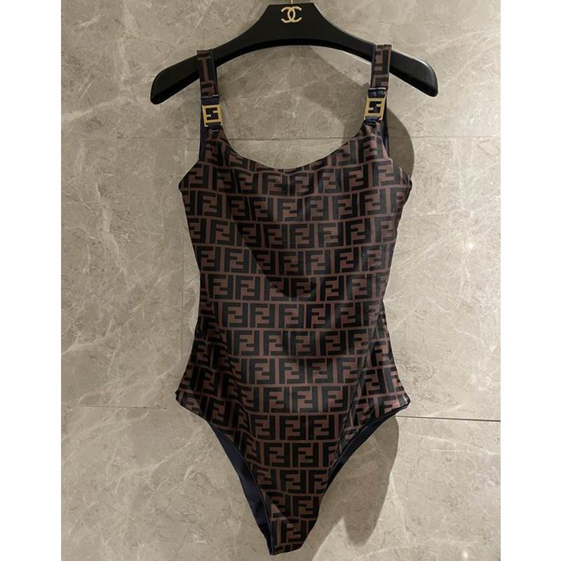 Affordable Fendi Reversible Swimsuit Women FF Motif Lycra Navy Blue Brown