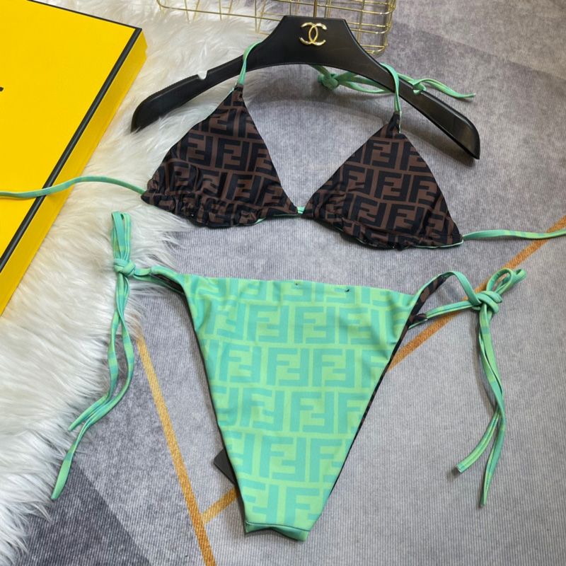 Affordable Fendi Reversible Triangular Bikini with Ties Women FF Motif Lycra Brown Green