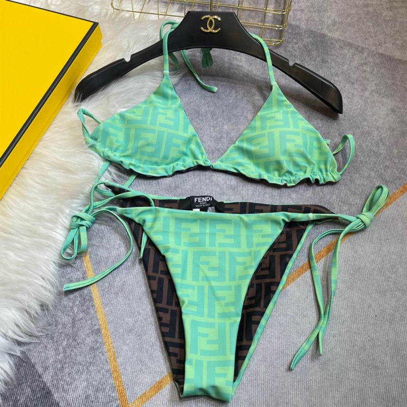 Affordable Fendi Reversible Triangular Bikini with Ties Women FF Motif Lycra Brown Green